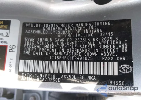 2015 Toyota Camry Le from USA, damaged, VIN 4T4BF1FK1FR491025